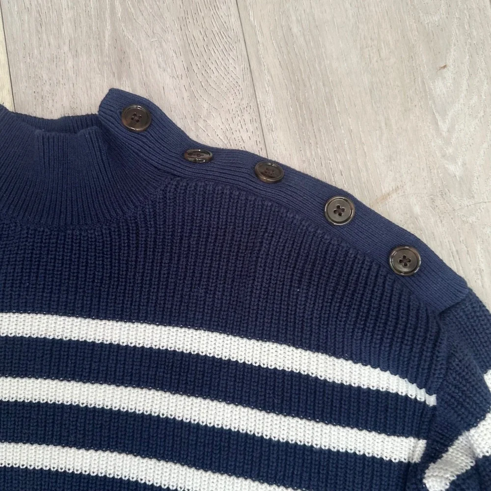 Loft Navy White Striped Mock Neck‎ Sweater Coastal Preppy Nautical Chic medium